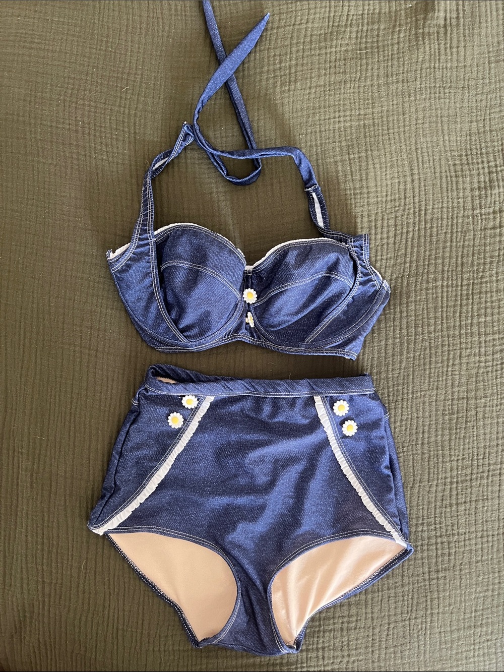 Lucy B Retro Navy Jean Style Bikini Set with Daisies (Buttons) Made in US